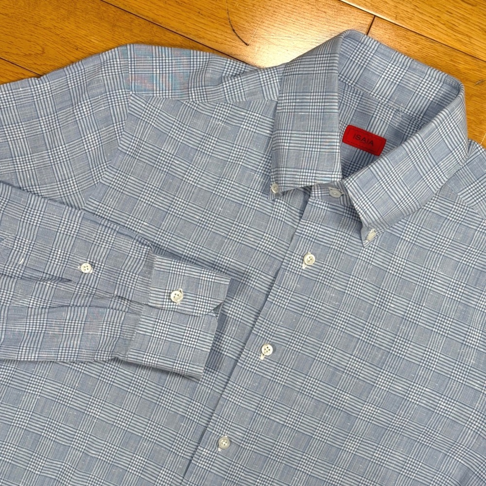 Isaia Napoli Mens 16.5 42 Blue White Glen Plaid Cotton Button Down Shirt Italy